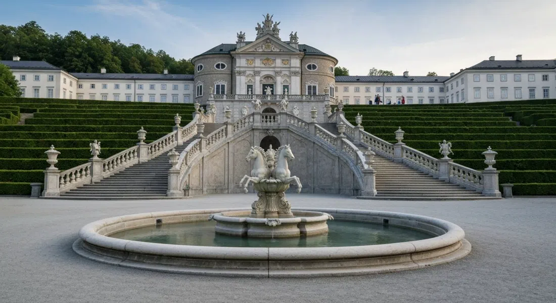 Palazzo e Giardini di Mirabell a Salisburgo alla luce del primo mattino, lo scalone d'onore, la fontana di Pegaso e le aiuole curate vuote prima dell'arrivo dei gruppi turistici