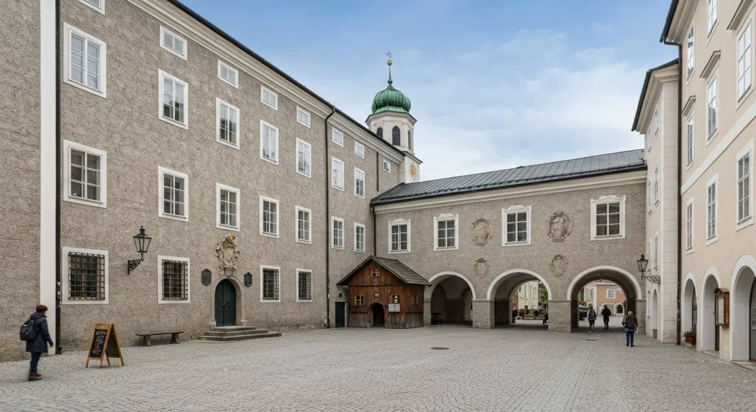 la Mozart Residence in Makartplatz a Salisburgo, una sobria facciata storica con dettagli del cortile e la piccola casetta di legno del Flauto Magico all'interno
