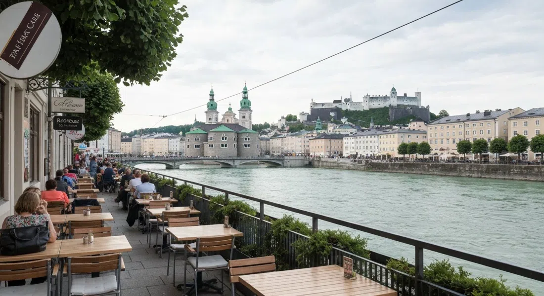 Terrazza sul fiume del Café Bazar in Schwarzstraße a Salisburgo, tavolini del caffè affacciati sulla Salzach, il centro storico e la fortezza oltre nella luce morbida del pomeriggio