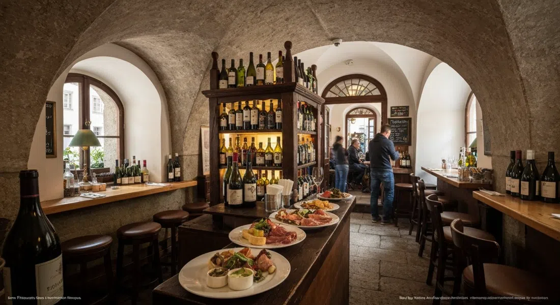 Bar Fridrich in Steingasse a Salisburgo, un wine bar con volte a botte illuminato da luce calda, bottiglie, taglieri di salumi e atmosfera art déco