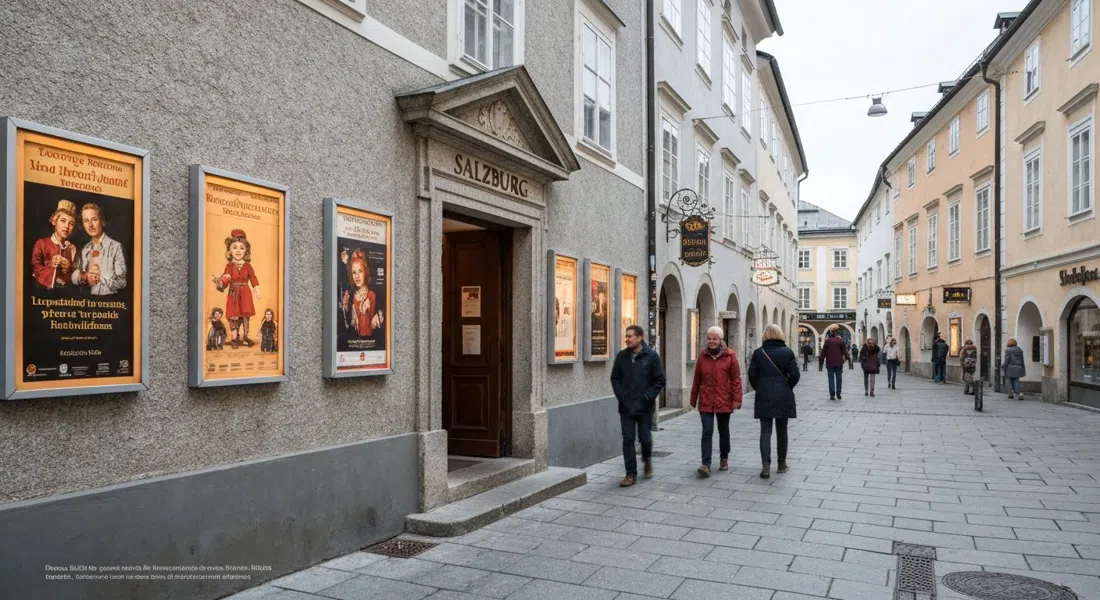 il Teatro delle Marionette di Salisburgo in Schwarzstraße, una piccola ed elegante facciata teatrale con manifesti di spettacoli di marionette e luce serale sul marciapiede
