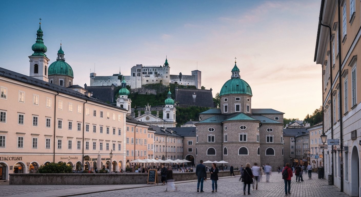 Hohensalzburg Fortress above Salzburg’s Old Town at late afternoon, its white walls rising over the baroque domes and red roofs