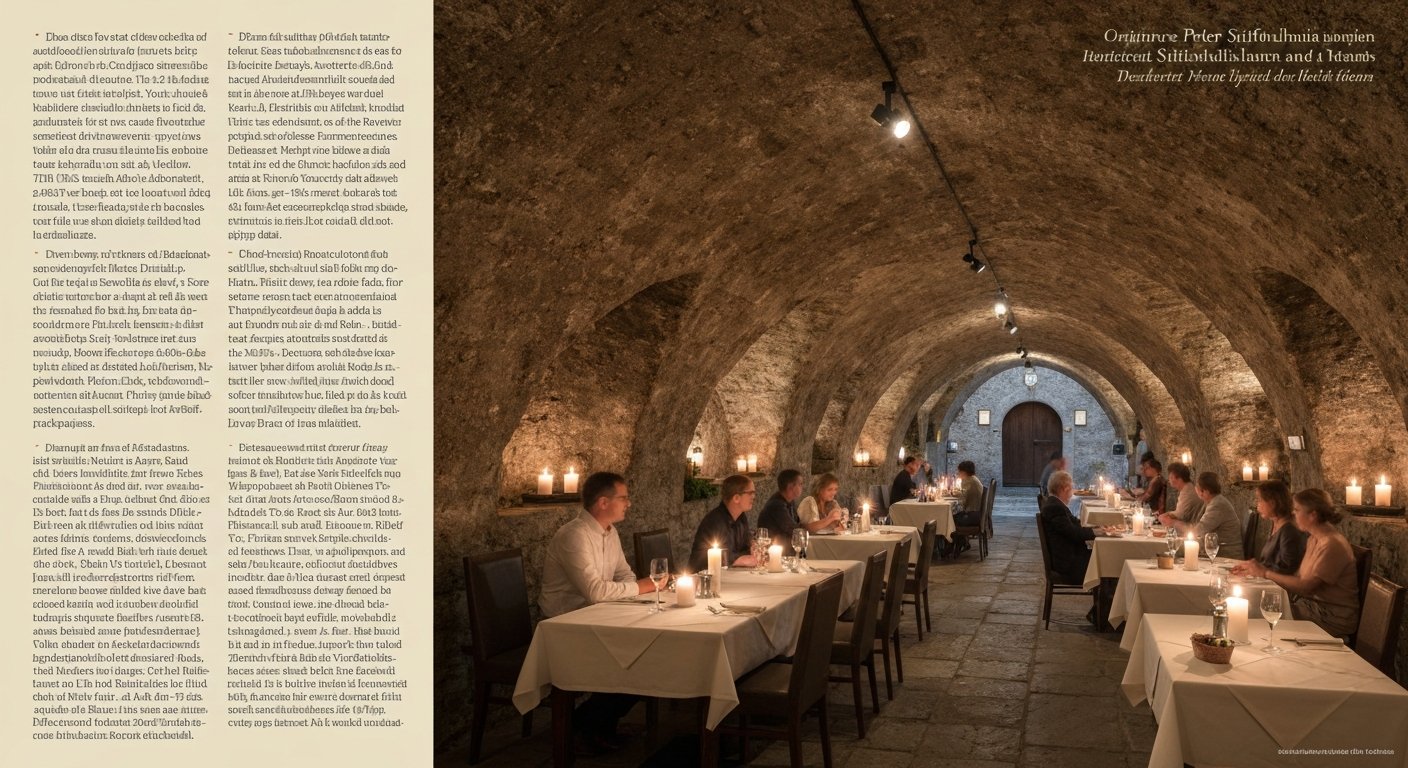 the vaulted rock dining room at St. Peter Stiftskulinarium, candlelit tables and stone walls beside the abbey