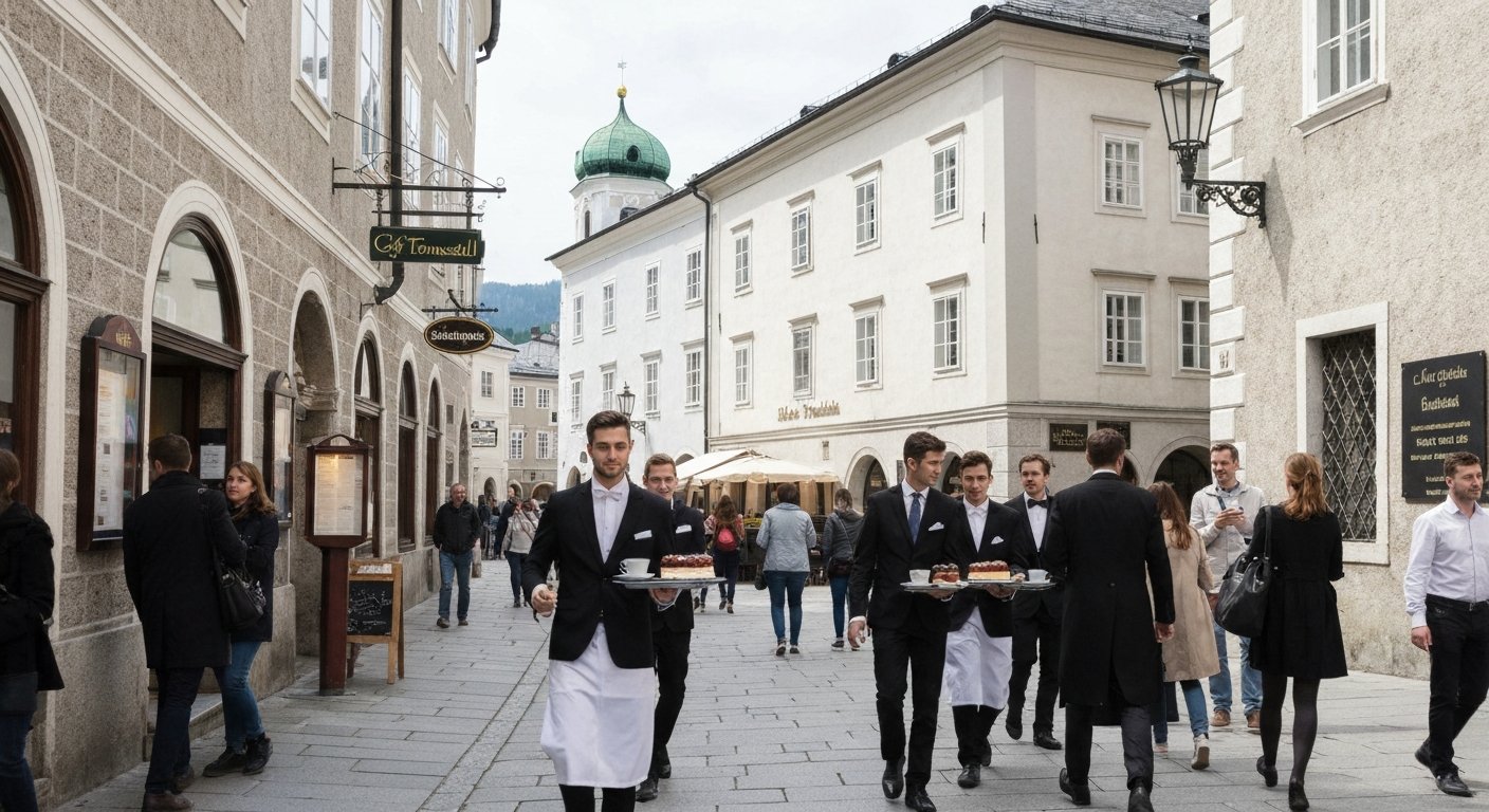 Café Tomaselli on Alter Markt with tuxedoed waiters carrying a coffee tray and cakes in the afternoon light