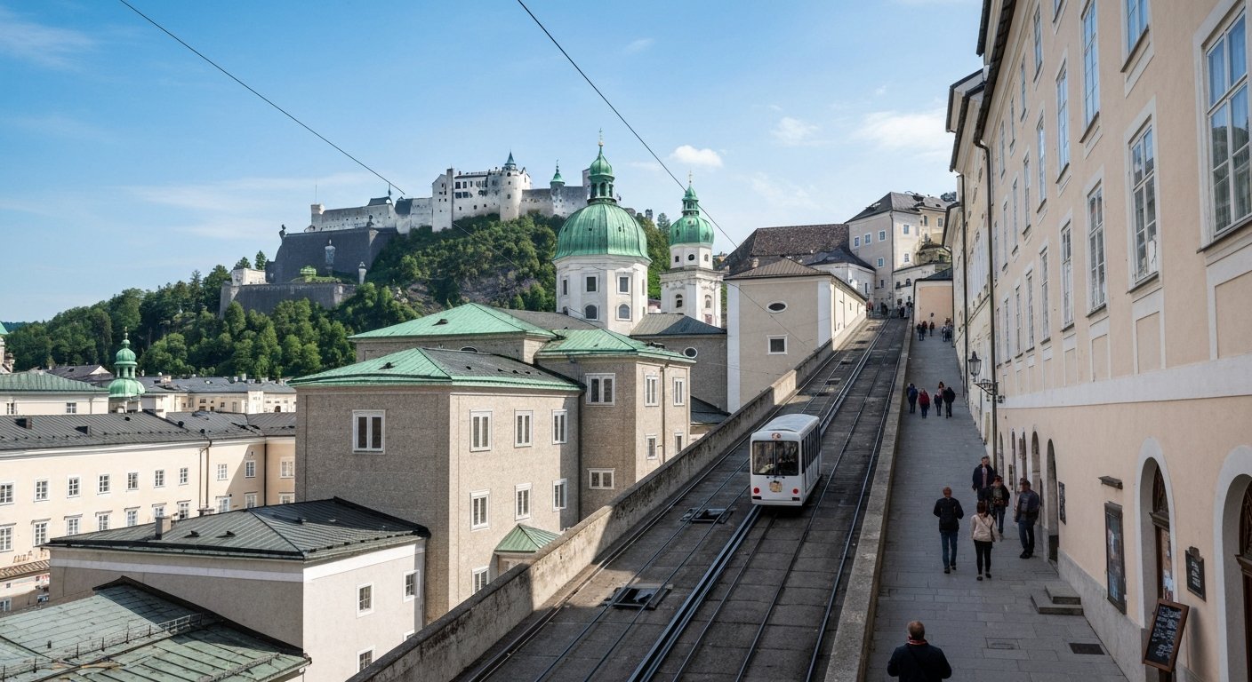 the FestungsBahn funicular climbing toward Hohensalzburg Fortress, with Salzburg’s rooftops below in clear daylight