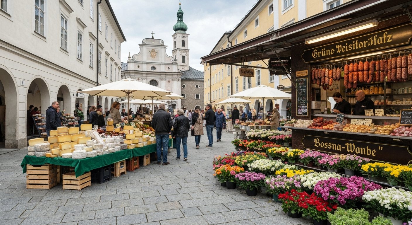 the Grünmarkt on Universitätsplatz in the morning, produce stalls, cheese, Bosna-sausage stand and flowers beside the church