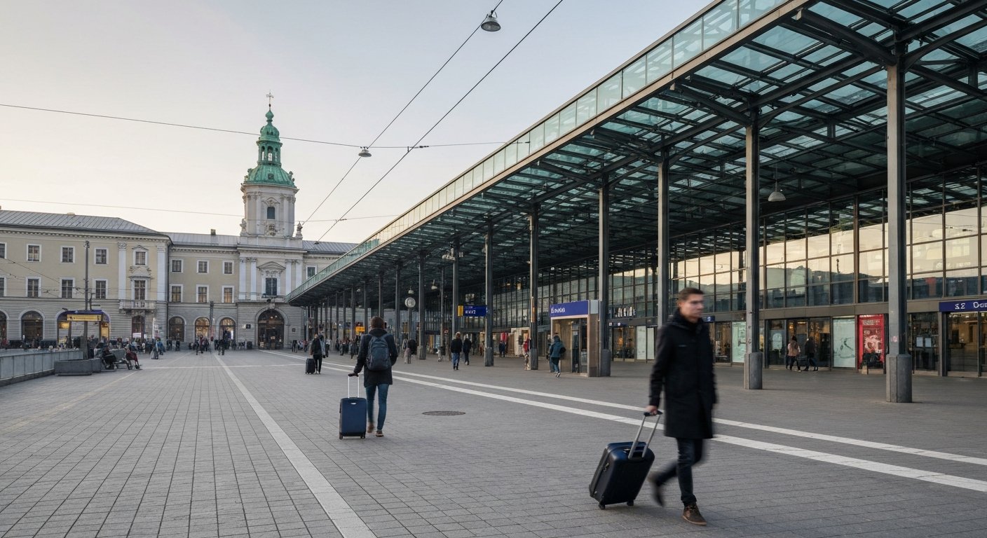 Salzburger Hauptbahnhof bei Tagesanbruch vom Vorplatz aus gesehen, Glasdach, Bahnsteigkanten und Pendler mit Rollkoffern