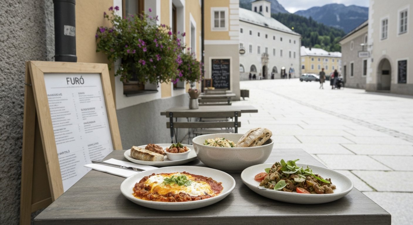 ein kleiner Tisch im Furō in der Elisabethstraße 5a mit Shakshuka, Meze und hausgemachtem Sauerteig auf schlichter Keramik