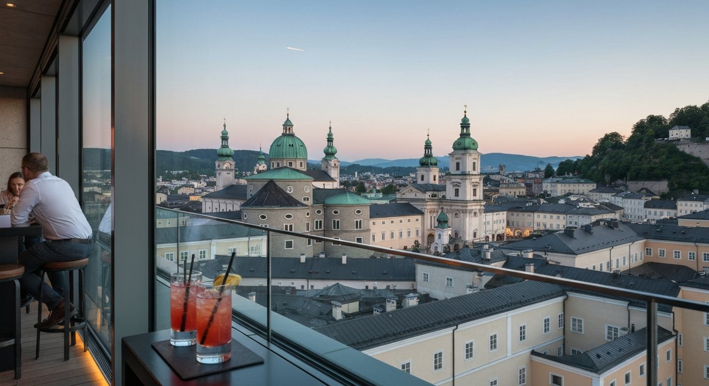 die gläserne Dachterrassenbar hu:goes14 im 14. Stock, Cocktails im Vordergrund und Panorama der Salzburger Altstadt in der Dämmerung