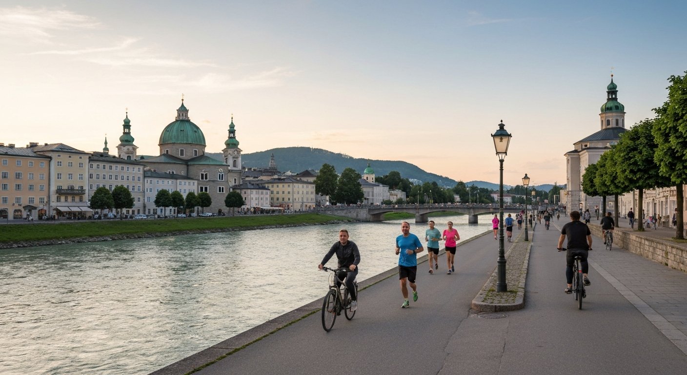 das Salzachufer am Elisabethkai zur goldenen Stunde, Jogger und Radfahrer mit der Altstadt-Silhouette am anderen Flussufer