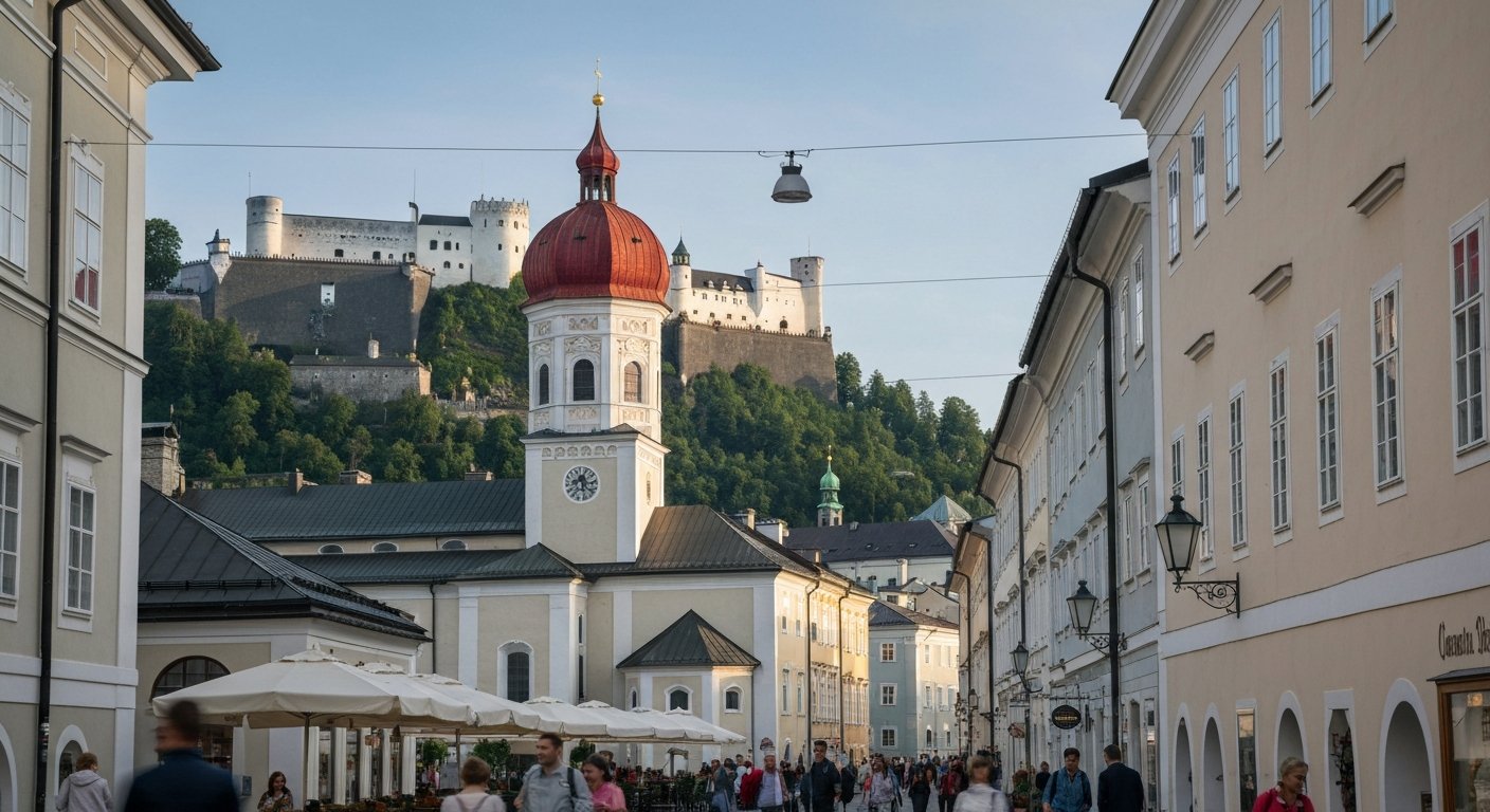 Nonnberg Abbey’s red onion dome rising above Nonntal roofs at soft morning light, the fortress hillside behind it