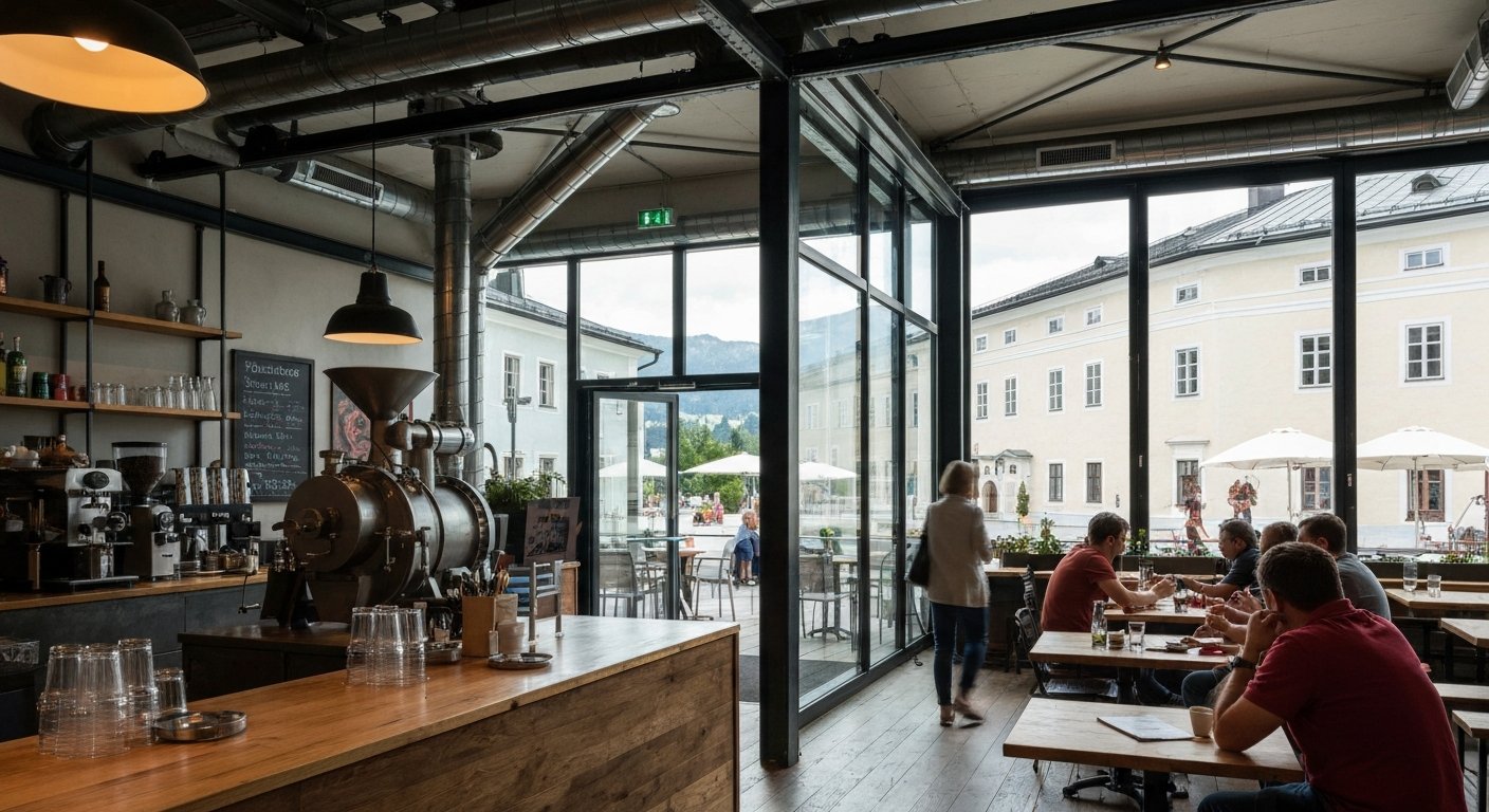 the industrial-chic interior of 220GRAD Nonntal with the coffee roastery visible, daylight on the big terrace beyond the glass