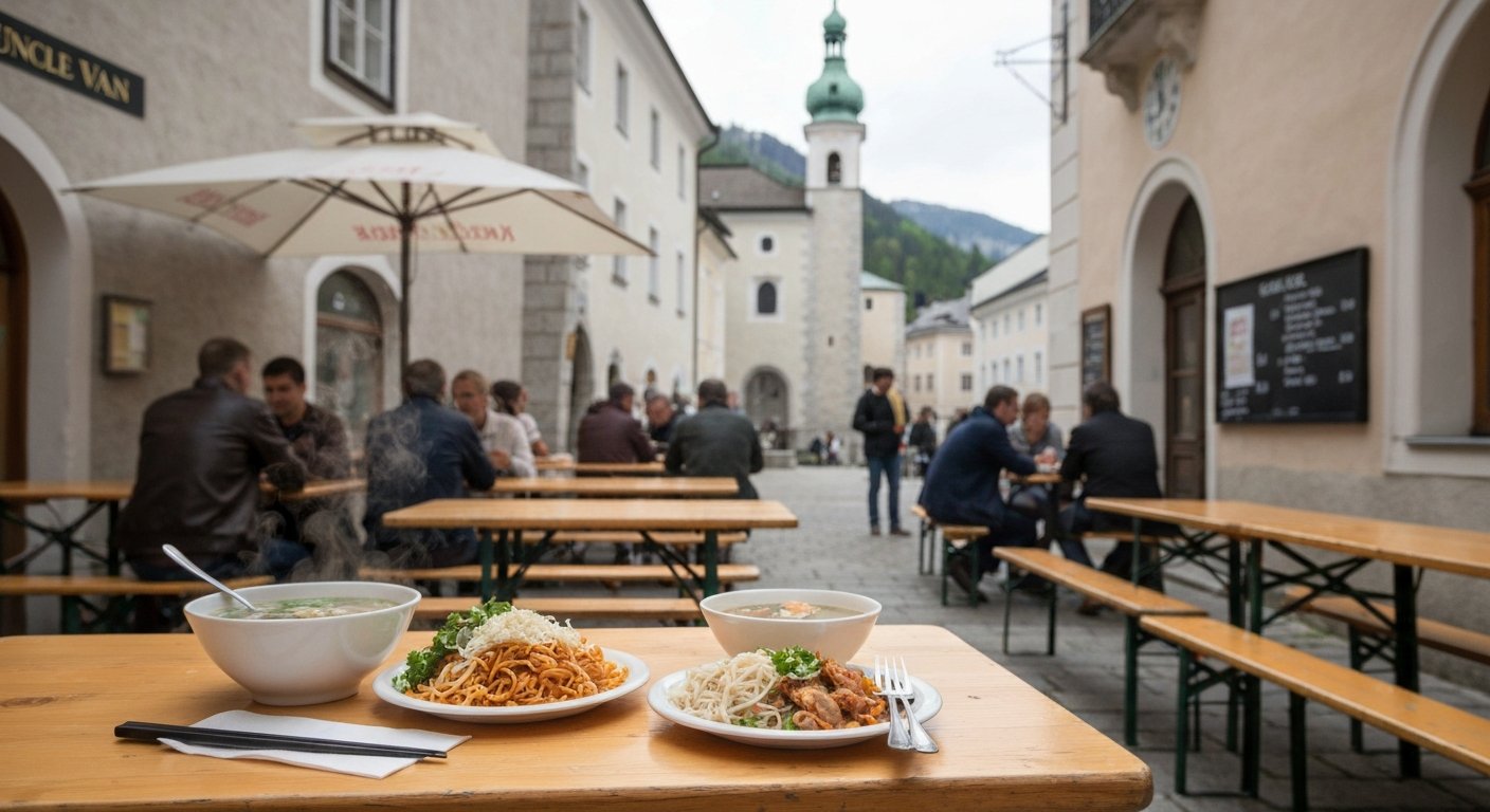 a plated lunch at Uncle Van on Nonntaler Hauptstraße, steaming pho and noodles on a simple table beside the lunch queue
