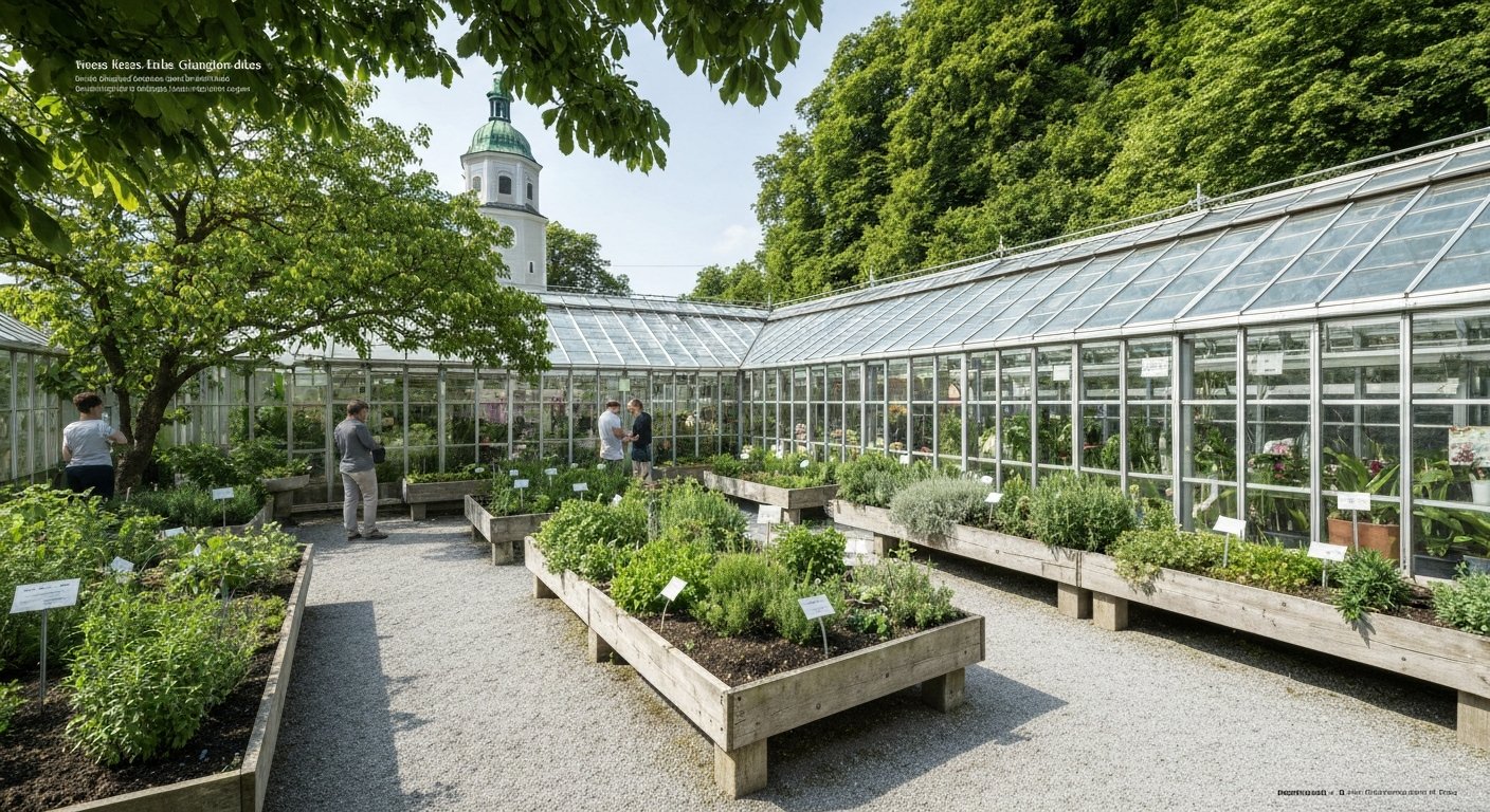 the free weekday Botanical Garden on Hellbrunner Allee, herb beds and the orchid glasshouse in clear afternoon light
