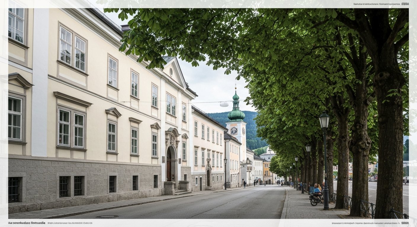 Leopoldskronstraße in Riedenburg under a chestnut-lined boulevard, late-afternoon light catching the villa facades and leafy canopy