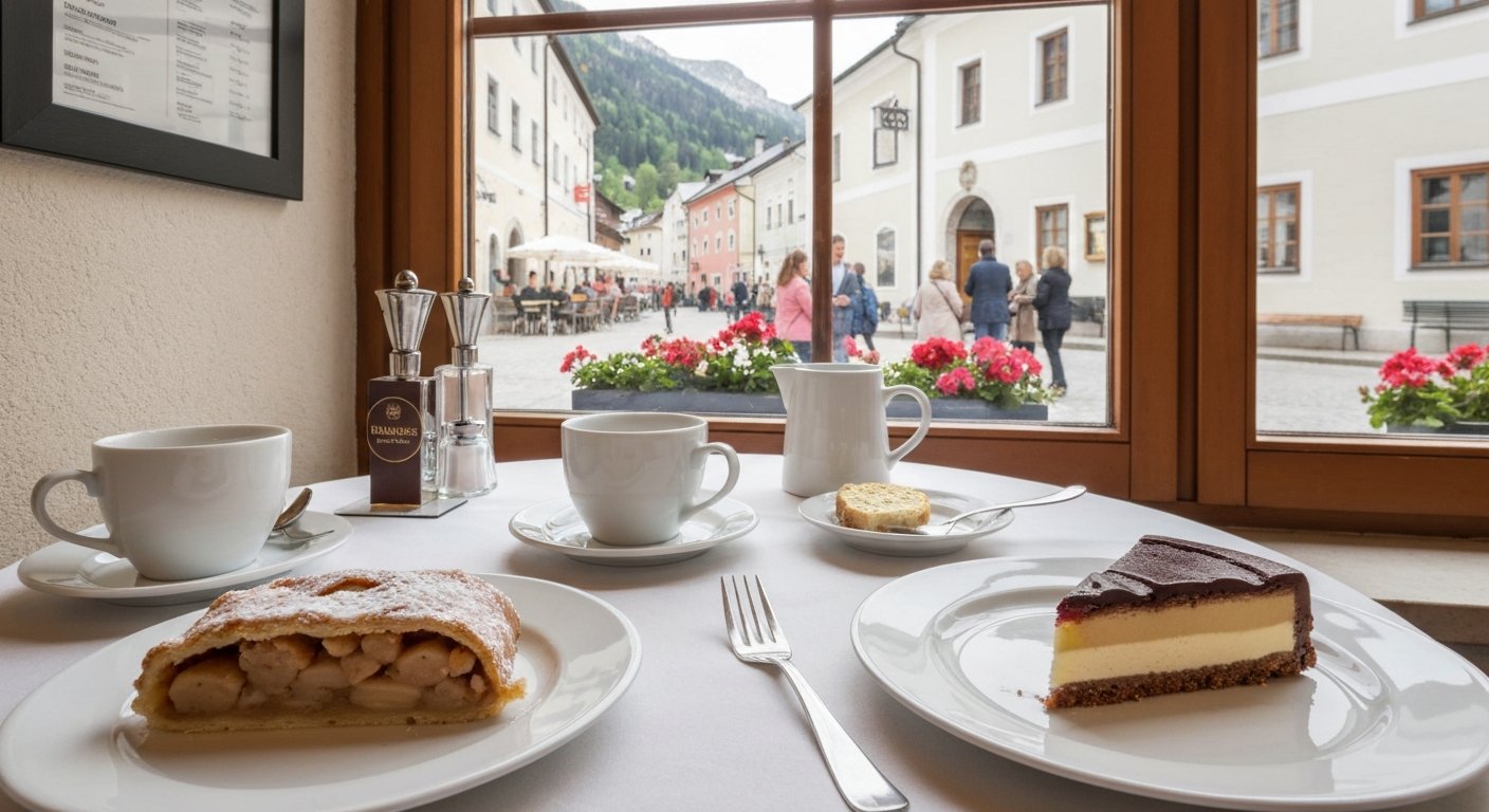 a slice of apple strudel and a Malakoff torte at Konditorei Rainberg, classic café tableware and soft window light