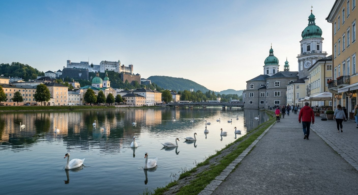 the Leopoldskroner Weiher shore path on a still morning, swans on the water with Schloss Leopoldskron and Hohensalzburg Fortress reflected beyond