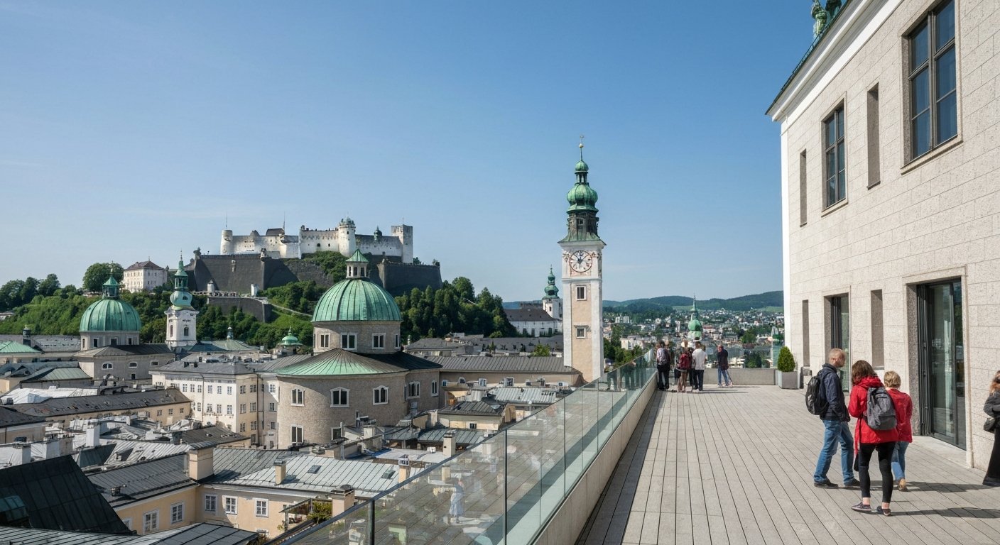the Museum der Moderne Mönchsberg terrace and m32 overlooking Salzburg, fortress and rooftops spread below in clear daylight